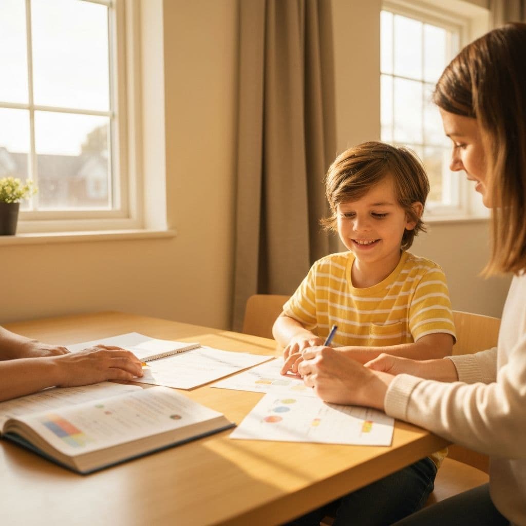A parent and child working through a worksheet together at a sunlit kitchen table